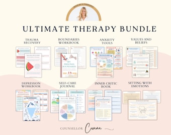 May include: A collection of printable therapy workbooks and journals. The workbooks cover topics such as trauma recovery, boundaries, anxiety, values and beliefs, depression, self-care, inner critic, and sitting with emotions. The workbooks are designed to help people manage their mental health and well-being.