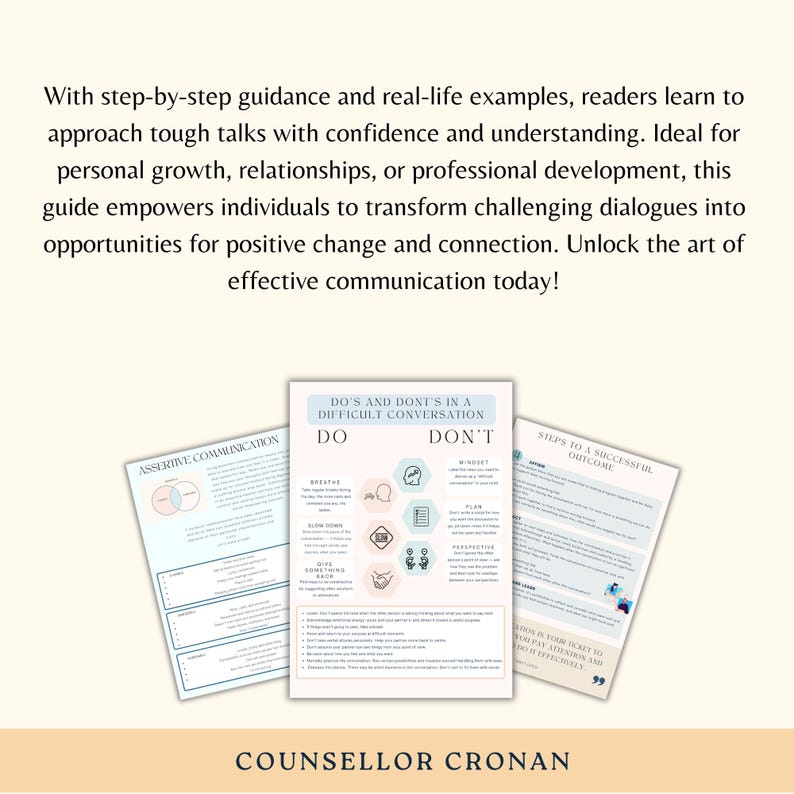 May include: Three printable worksheets with tips for having a difficult conversation. The first worksheet is titled "Assertive Communication" and shows a Venn diagram. The second worksheet is titled "Do's and Don'ts in a Difficult Conversation" and lists tips for having a difficult conversation. The third worksheet is titled "Steps to a Successful Outcome" and lists steps to a successful outcome.