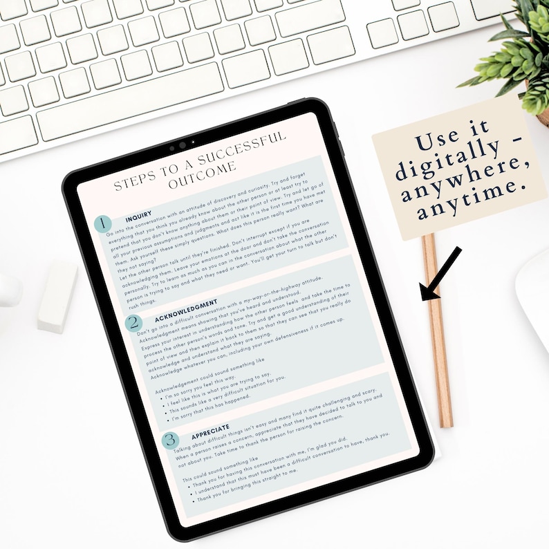 May include: A digital tablet displaying a list of steps to a successful outcome. The steps are labeled "Inquiry", "Acknowledgment", and "Appreciate". The text on the tablet is in a light blue font on a white background. The tablet is on a white surface with a pencil and a small potted plant in the background. A note on a light orange background says "Use it digitally - anywhere, anytime."
