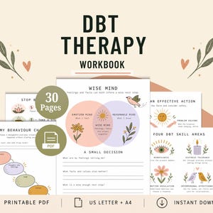 Op de afbeelding: Een DBT-therapie werkboek als printbare PDF met 30 pagina's aan oefeningen voor geestelijke gezondheid. De pagina's bevatten diagrammen over de wijze geest, vier DBT-vaardigheidsgebieden en gedragsketens met illustraties van bloemen en vogels.