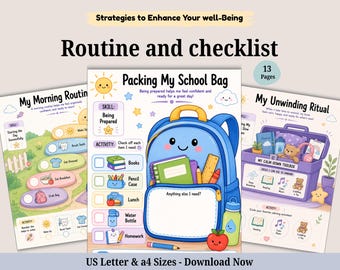 Schede di routine e liste di controllo per bambini. Agenda per ADHD - Abilità di funzionamento esecutivo. Tabella mattutina. Lista di controllo per il rilassamento. Pianificatore del tempo davanti allo schermo.