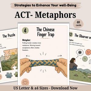 May include: A set of 40 ACT-Metaphors cards featuring illustrations and text. Cards include The Puzzle, The Chinese Finger Trap, and The Observer on the Hill. The cards display numbered circles, descriptive text, and colorful graphics on a light background.