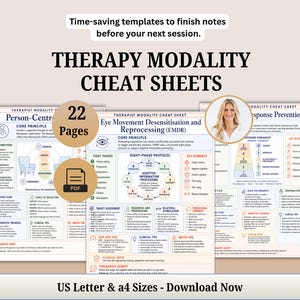 Peut inclure: Un ensemble de fiches pratiques de thérapie de 22 pages au format PDF, comprenant des guides structurés pour la thérapie centrée sur la personne, l'EMDR et l'ERP. Les documents incluent des principes fondamentaux et des conseils cliniques.