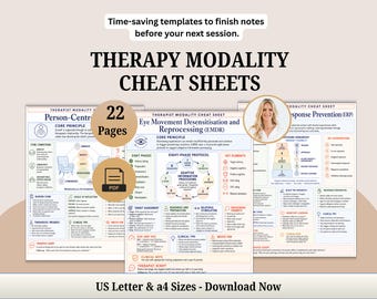 Therapy Modality Cheat Sheets Handouts, Therapist Reference Guides DBT, CBT, EMDR, act, ifs, erp, pe, cpt, eft, sp, ipt, sfbt, se, mi
