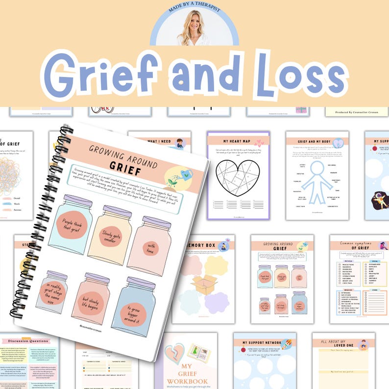 May include: A workbook titled "My Grief Workbook" with a broken heart design. The workbook is surrounded by other pages with titles like "Growing Around Grief", "My Heart Map", "Grief and My Body", and "All About My Loved One".