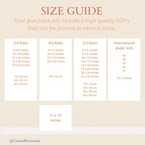 May include: A size guide for printable digital downloads. The guide shows different aspect ratios and corresponding sizes in inches and centimeters. The guide also includes international paper sizes.