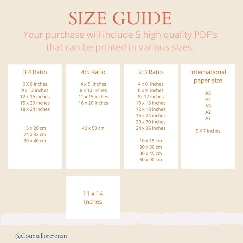 May include: A size guide for printable digital downloads. The guide shows different aspect ratios and corresponding sizes in inches and centimeters. The guide also includes international paper sizes.