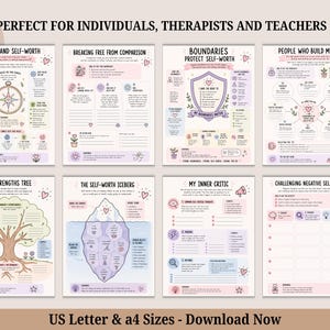 May include: A set of eight printable mental health worksheets featuring pastel illustrations and text including Values and Self-Worth, Breaking Free From Comparison, Boundaries Protect Self-Worth, People Who Build Me Up, Strengths Tree, The Self-Worth Iceberg, My Inner Critic, and Challenging Negative Self-Talk.
