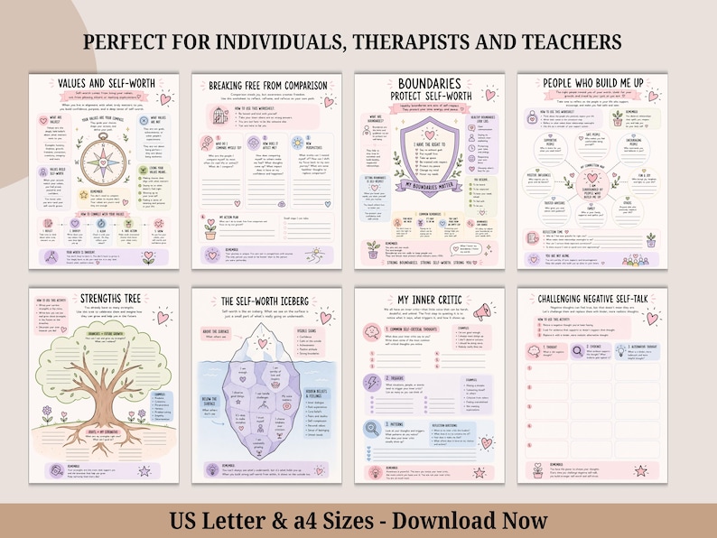 May include: A set of eight printable mental health worksheets featuring pastel illustrations and text including Values and Self-Worth, Breaking Free From Comparison, Boundaries Protect Self-Worth, People Who Build Me Up, Strengths Tree, The Self-Worth Iceberg, My Inner Critic, and Challenging Negative Self-Talk.