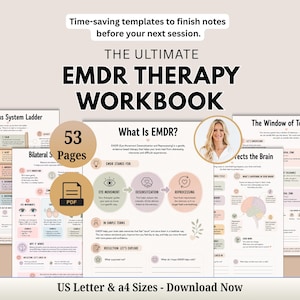 May include: A digital EMDR therapy workbook featuring 53 pages of therapeutic templates. The document includes sections titled My Nervous System Ladder, What Is EMDR, and The Window of Tolerance, with pastel-colored diagrams and text.