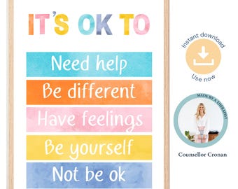 RAINBOW, It's ok to be yourself affirmation poster, positive statements, uplifting poster, self esteem poster, mental health,