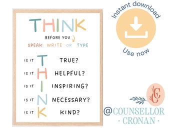 Think before you speak poster, classroom rules, house rules, be kind wall art, therapy office poster bundle, school counsellor print, SEL,