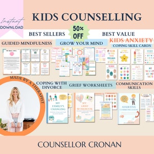 Kids coping skills bundle 50% off, therapy worksheets, school counselling tools, teacher resources, autism toolbox, adhd resources, calming