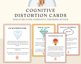 Unhelpful thinking cards, cognitive bias, mindfulness cards, cognitive behavioral therapy, positive mindset, coping skills, self CBT, DBT