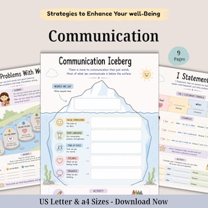 Pode incluir: Um conjunto de nove fichas educativas intituladas Strategies to Enhance Your well-Being, Communication, Communication Iceberg, Solving Problems With Words e I Statements. As páginas apresentam ilustrações coloridas, diagramas e textos.