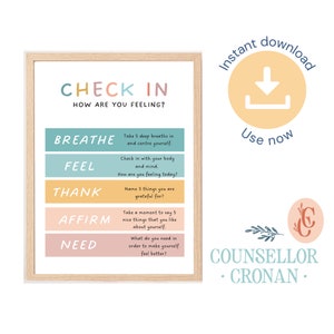 Feelings check in poster, check in, therapy office decor, therapist office, counselling, self care, daily checklist, DBT