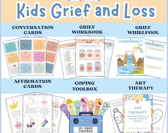 May include: A colorful set of resources for children dealing with grief and loss. The set includes conversation cards, a grief workbook, a grief whirlpool activity, affirmation cards, a coping toolbox, and art therapy activities. The set is designed to help children process their emotions and cope with difficult feelings.