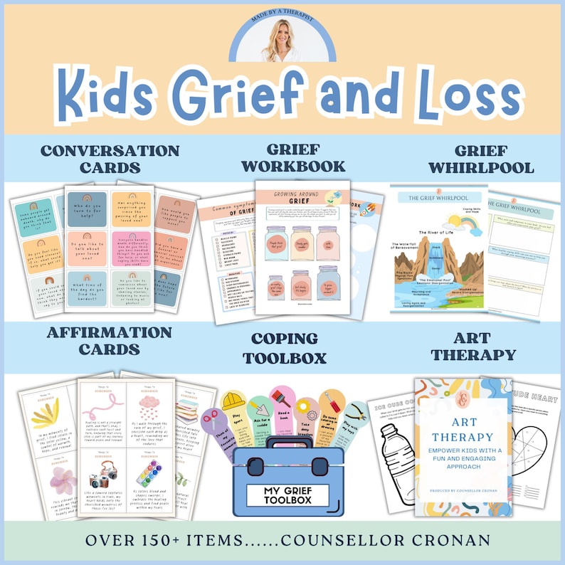 May include: A colorful set of resources for children dealing with grief and loss. The set includes conversation cards, a grief workbook, a grief whirlpool activity, affirmation cards, a coping toolbox, and art therapy activities. The set is designed to help children process their emotions and cope with difficult feelings.