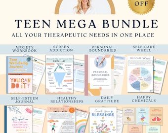 Teen mental health mega bundle, therapy worksheets, healing journey, depression, anxiety, cognitive distortions, affirmations, boundaries