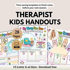Pode incluir: Um conjunto de 28 folhetos terapêuticos digitais em PDF para crianças com ilustrações coloridas e texto, incluindo títulos como Healthy Coping or Avoidance, My Worry-Free Zone e 5 Senses Grounding, em tamanhos US Letter e A4.