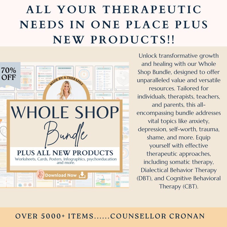 以下が含まれることがあります： ピンクと白のグラフィックで、「Whole Shop Bundle」と「Plus All New Products」というテキストが白いボックスに入っています。グラフィックには、ブロンドの髪と白いシャツを着た女性が描かれています。「70% Off」というテキストは左上の隅にあります。「Over 5000+ Items...Counsellor Cronan」というテキストはグラフィックの下にあります。
