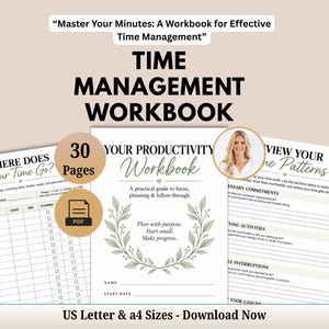 Peut inclure: Un cahier d'exercices de gestion du temps de 30 pages intitulé Master Your Minutes: A Workbook for Effective Time Management. Le document comprend des pages pour le suivi du temps, la planification et l'analyse, avec des motifs de feuilles.