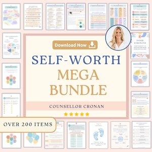 Puede incluir: Un paquete digital de autoayuda titulado "Self-Worth Mega Bundle" con más de 200 elementos. La imagen presenta una colección de hojas de trabajo y guías imprimibles, con un gráfico central y una foto de una mujer. La combinación de colores incluye tonos pastel.
