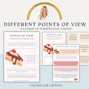 May include: Two printable worksheets with the title "Different Points of View" and a lesson in perspective taking. The worksheets feature a colorful illustration of a slice of chocolate cake with a strawberry on top. The text on the worksheets encourages the reader to consider different perspectives and how they can impact our understanding of the world.