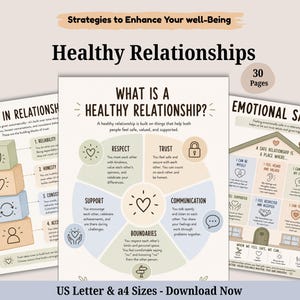 May include: A set of 30 printable pages titled Strategies to Enhance Your Well-Being, Healthy Relationships. The documents feature infographics on trust, healthy relationship definitions, and emotional safety with pastel-colored icons and text.