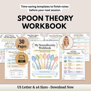 Peut inclure: Un cahier d'exercices Spoon Theory de 30 pages au format PDF, disponible en tailles A4 et US Letter. La couverture présente six cuillères à motifs colorés et le texte My Neurodiversity Workbook. Inclut des pages pour suivre l'énergie et les coûts.