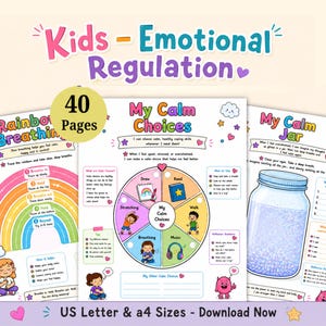 May include: A set of 40 printable pages for kids' emotional regulation, featuring colourful illustrations and text including Rainbow Breathing, My Calm Choices, and My Calm Jar. The documents are available in US Letter and A4 sizes for download.