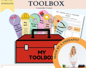 Coping skills toolbox, play therapy, therapy worksheets, therapy activities, calming tools, counselling office decor, counselor office, DBT