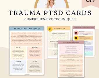 May include: A set of printable cards with coping skills for trauma and PTSD. The cards are color-coded and feature titles like "Fight, Flight or Freeze", "Grounding", and "Emotional Numbing". The cards are designed to help people manage stress and anxiety.