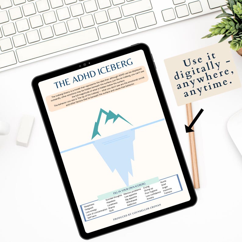 K&ouml;nnte beinhalten: Eine digitale Illustration eines Eisbergs mit dem Text "The ADHD Iceberg" oben. Der Eisberg ist in zwei Abschnitte unterteilt, den sichtbaren Teil &uuml;ber dem Wasser und den gr&ouml;&szlig;eren, versteckten Teil unter dem Wasser. Der sichtbare Teil ist mit Symptomen wie "Schl&auml;frigkeit", "M&uuml;digkeit", "Niedrige Energie", "Konzentrationsschwierigkeiten", "Selbstverletzung", "Suizidgedanken", "Gl&uuml;ck", "Einsamkeit", "Scham", "Schuld" gekennzeichnet. Der versteckte Teil ist mit Symptomen wie "Ged&auml;chtnisprobleme", "Weinen", "Hochgehen", "Appetitlosigkeit", "R&uuml;ckzug", "Sucht", "Taubheit", "Kummer", "Schlechte Hygiene", "&Auml;rger", "Niedriges Selbstvertrauen", "Angst", "Zittern" gekennzeichnet. Der Text "F&uuml;lle deinen eigenen Eisberg" befindet sich unter dem Eisberg. Der Text "Produziert von Counsellor Cronan" befindet sich am unteren Rand des Bildes. Das Bild befindet sich auf einem Tablet-Bildschirm mit einer wei&szlig;en Tastatur und einer Pflanze im Hintergrund.