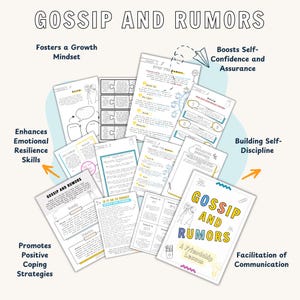 May include: A collection of white paper sheets with the title "Gossip and Rumors" in a playful font. The sheets contain text and illustrations, with arrows pointing to key benefits like "Enhances Emotional Resilience Skills."