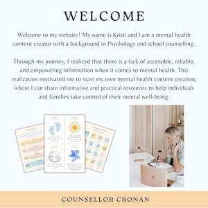 May include: A woman sits at a desk with a laptop and a notebook, talking on the phone. The text on the page reads "Welcome to my website! My name is Kristi and I am a mental health content creator with a background in Psychology and school counselling. Through my journey, I realized that there is a lack of accessible, reliable, and empowering information when it comes to mental health. This realization motivated me to start my own mental health content creation, where I can share informative and practical resources to help individuals and families take control of their mental well-being."  The text "COUNSELLOR CRONAN" is at the bottom of the page.