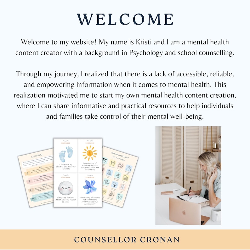 May include: A woman sits at a desk with a laptop and a notebook, talking on the phone. The text on the page reads "Welcome to my website! My name is Kristi and I am a mental health content creator with a background in Psychology and school counselling. Through my journey, I realized that there is a lack of accessible, reliable, and empowering information when it comes to mental health. This realization motivated me to start my own mental health content creation, where I can share informative and practical resources to help individuals and families take control of their mental well-being."  The text "COUNSELLOR CRONAN" is at the bottom of the page.