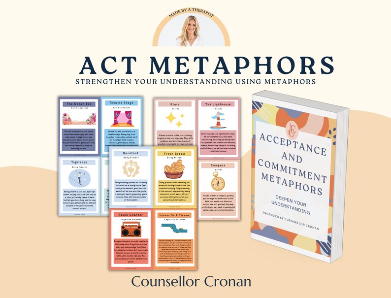 May include: A book titled "Acceptance and Commitment Metaphors" with colourful abstract designs on the cover. The book is open to reveal a page with the text "Deepen Your Understanding" and "Produced by Counsellor Cronan". The book is surrounded by colourful cards with illustrations and text related to ACT metaphors.
