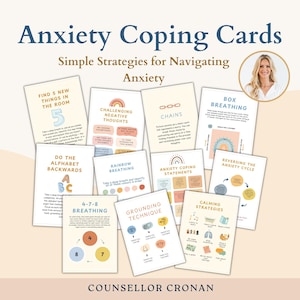Puede incluir: Un conjunto de tarjetas tituladas "Tarjetas para afrontar la ansiedad" con estrategias para manejar la ansiedad. Las tarjetas presentan títulos como "Respiración en caja", "Desafiar los pensamientos negativos" y "Técnica de conexión a tierra".