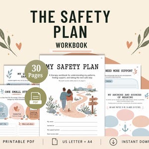 May include: A 30-page printable PDF therapy workbook titled The Safety Plan Workbook. The pages feature soft-toned illustrations of people, plants, and landscapes, with sections for personal notes, support systems, and daily steps for mental wellness.