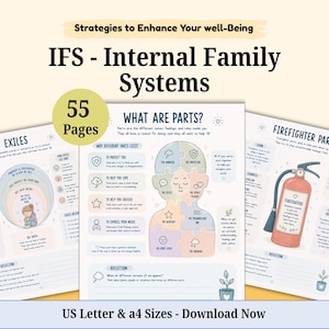 May include: A 55-page digital document titled Strategies to Enhance Your well-Being and IFS - Internal Family Systems. The pages feature educational diagrams, including a puzzle-piece human figure, a fire extinguisher, and text about parts.