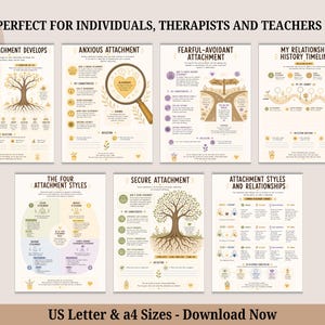 May include: A set of seven educational posters detailing attachment styles, including titles like How Attachment Develops, Anxious Attachment, Fearful-Avoidant Attachment, My Relationship History Timeline, The Four Attachment Styles, Secure Attachment, and Attachment Styles and Relationships.