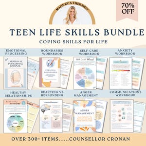 May include: A collage of colourful worksheets for teenagers on coping skills, including emotional processing, boundaries, self-care, anxiety, healthy relationships, reacting vs responding, anger management, and communication. The text "TEEN LIFE SKILLS BUNDLE" and "COPING SKILLS FOR LIFE" is at the top of the image. The text "OVER 300+ ITEMS......COUNSELLOR CRONAN" is at the bottom of the image.