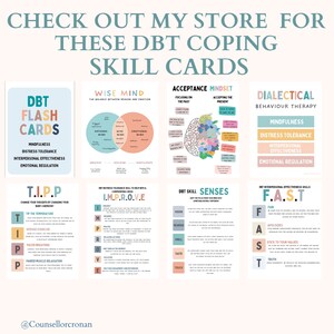 May include: A set of eight colorful DBT coping skill cards. The cards feature different DBT skills, including Wise Mind, Acceptance Mindset, Dialectical Behavior Therapy, T.I.P.P., I.M.P.R.O.V.E., Senses, and F.A.S.T. The cards are designed to help people manage difficult emotions and situations.