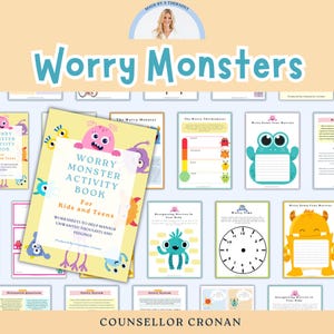 Worry monster anxiety workbook for kids, CBT worksheets, therapy office decor, school counselling resources, counseling games, coping skills