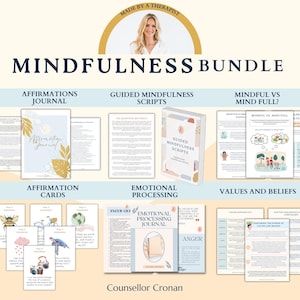 Mindfulness-bundel. Therapeutische copingvaardigheden en -strategieën, zelfzorg, kalmerende hulpmiddelen. Geestelijke gezondheid. Bevestigingskaarten. Therapiewerkbladen