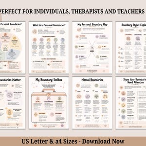 K&ouml;nnte beinhalten: Ein Set aus acht Lehrpostern mit den Titeln What Are Personal Boundaries, My Personal Boundary Map, Boundary Styles Explained, Why Boundaries Matter, My Boundary Toolbox, Mental Boundaries und Signs Your Boundaries Need Attention mit Text.