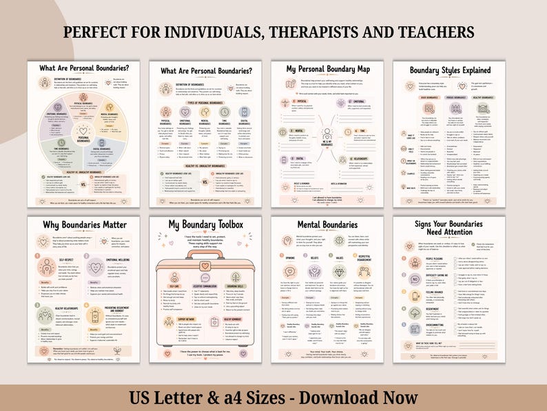 K&ouml;nnte beinhalten: Ein Set aus acht Lehrpostern mit den Titeln What Are Personal Boundaries, My Personal Boundary Map, Boundary Styles Explained, Why Boundaries Matter, My Boundary Toolbox, Mental Boundaries und Signs Your Boundaries Need Attention mit Text.