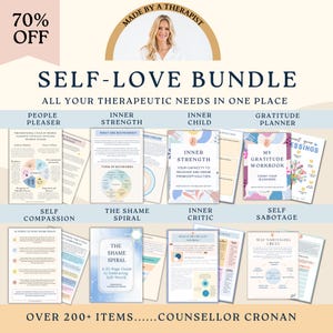 Therapeutische bundel zelfliefde, mensen behagen, innerlijke kracht, innerlijk kind, dankbaarheidplanner, zelfcompassie, schaamtespiraal, criticus, CGT