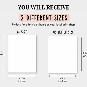 May include: Two white rectangular paper templates labelled A4 size and US letter size. The A4 template measures 210 mm by 297 mm. The US letter template measures 215.9 mm by 279.4 mm. Text reads: YOU WILL RECEIVE 2 DIFFERENT SIZES.